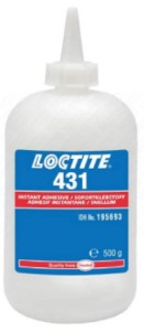 Loctite 431 500 g przeźroczysty klej błyskawiczny, średnia lepkość, uniwersalny, do metalu, tworzyw i gumy, do poliolefin po użyciu podkładu, doskonale łączy porowate powierzchnie