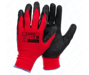 X-LATOS size 10, Red and black polyester gloves with latex, good product feel, flexible.