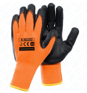 X-IGLOO size 10, polyester, orange and black, latex, rubber, abrasion resistant gloves, freedom of movement.