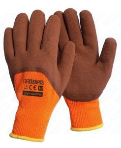 Pracovní rukavice, zateplené, polyester, potažené latexem, velmi pevné, odolné vůči nízkým teplotám, vodě a oděru, oranžovo-hnědé (k dispozici ve velikostech 9,10)