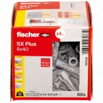 Fischer SX Plus 8x40 Plug 100szt, kołek rozporowy nylonowy do betonu, cegły i pustaków, montaż uniwersalny, 4-kierunkowe rozpieranie