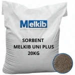 Sorbent Melkib Uni Plus 20kg, 0,3-0,7mm granulat do usuwania rozlewisk ropy, prosty w użyciu, wysoka chłonność 14,1l oleju, 14l wody, 0,3-0,7 mm