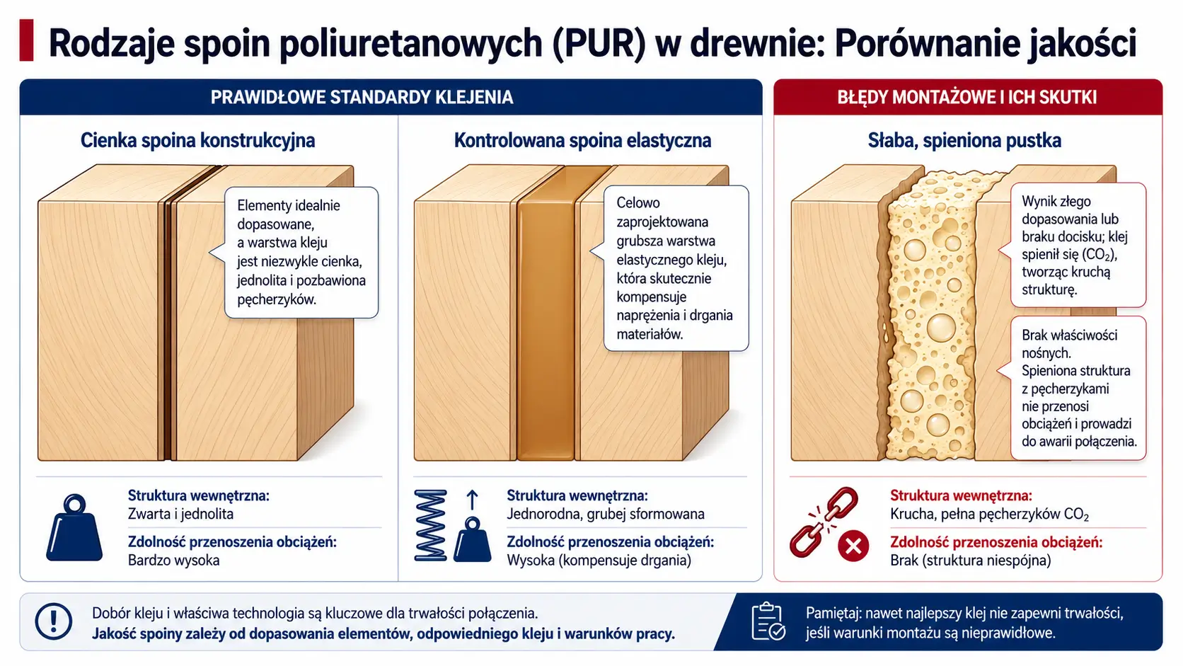 Rodzaje spoin PUR – spoina zwarta, kontrolowana spoina elastyczna i spieniona pustka