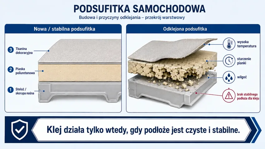Podsufitka samochodowa - przekrój warstw i przyczyny odklejania