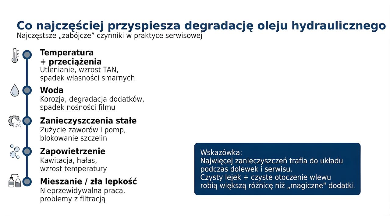 Najczęstsze czynniki przyspieszające degradację oleju hydraulicznego