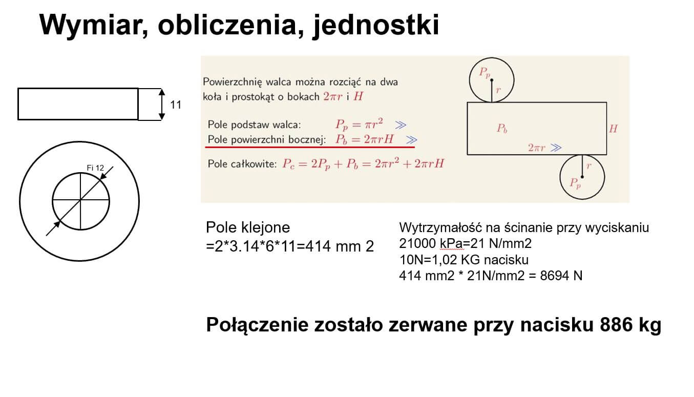 Schemat obliczeń siły w teście połączenia wykonanego z LOCTITE 638