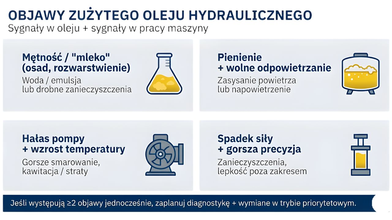 Objawy mogące wskazywać na problem z olejem hydraulicznym: mętność, pienienie i wzrost temperatury
