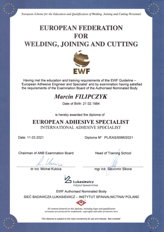 Certyfikat European Adhesive Specialist Marcina Filipczyka